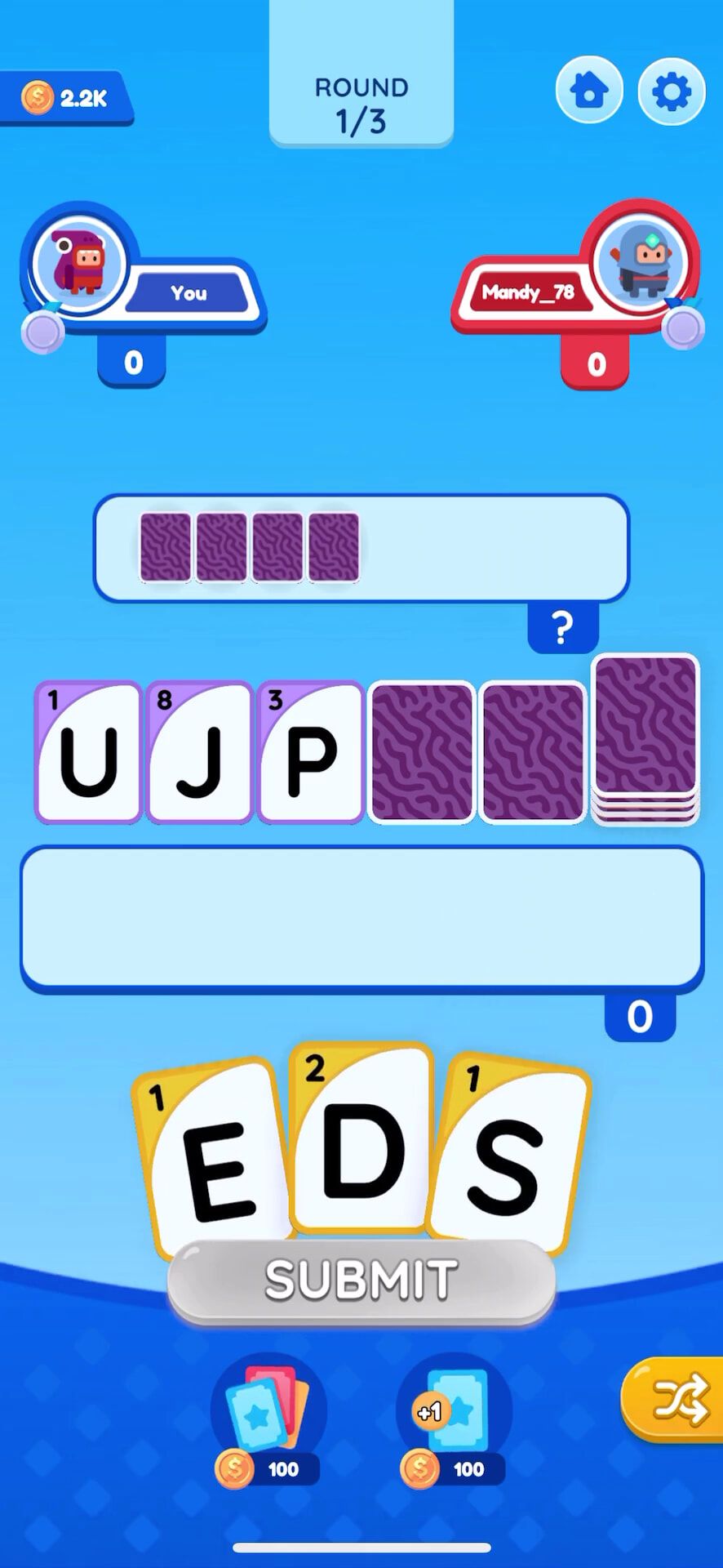 Gameplay screenshot of All In Words, showing the gameplay area where the player is holding a fan of cards that spell EDS.