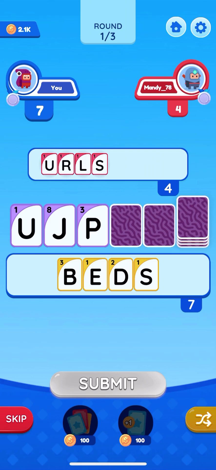 Gameplay screenshot of All In Words, showing the gameplay area where both players have played their cards.