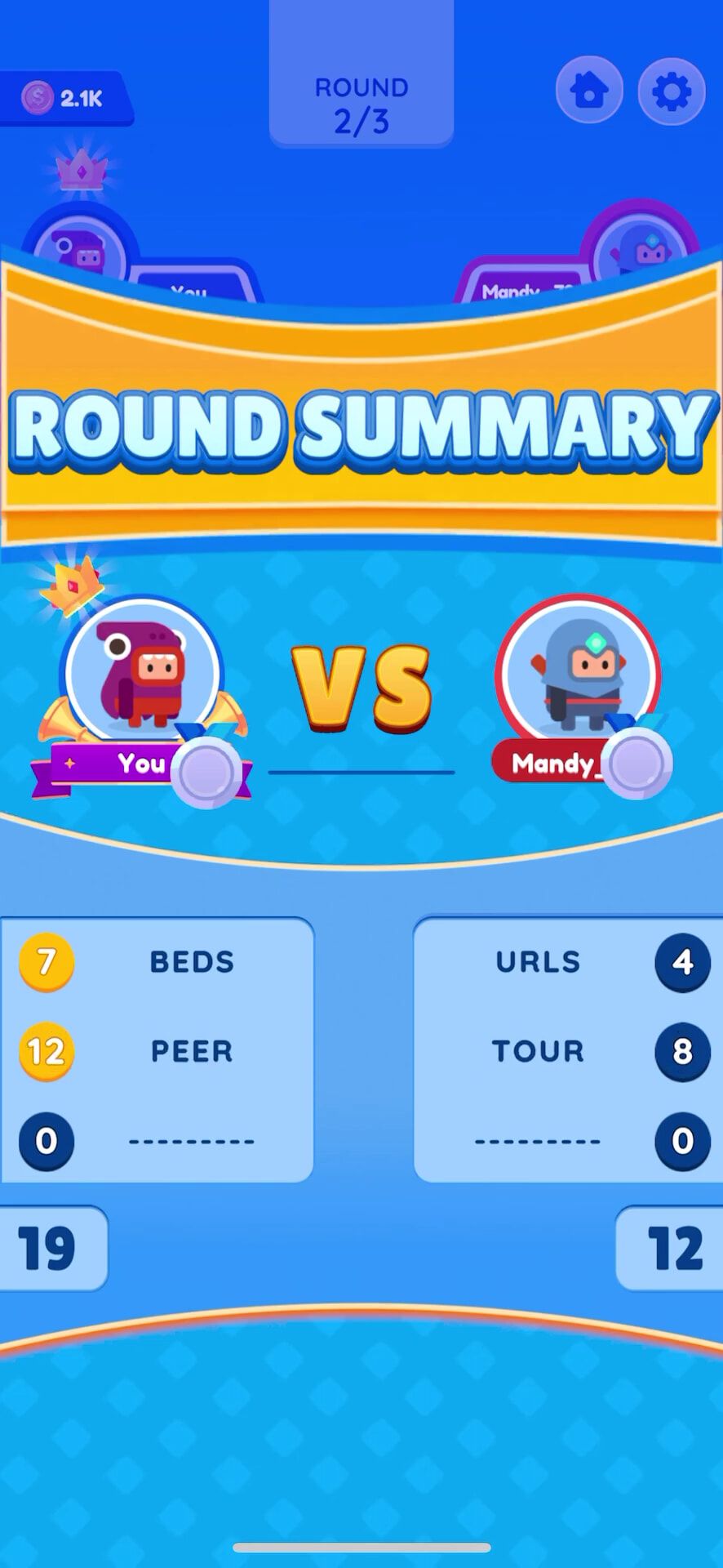 Gameplay screenshot of All In Words, showing the round summary halfway through a level.