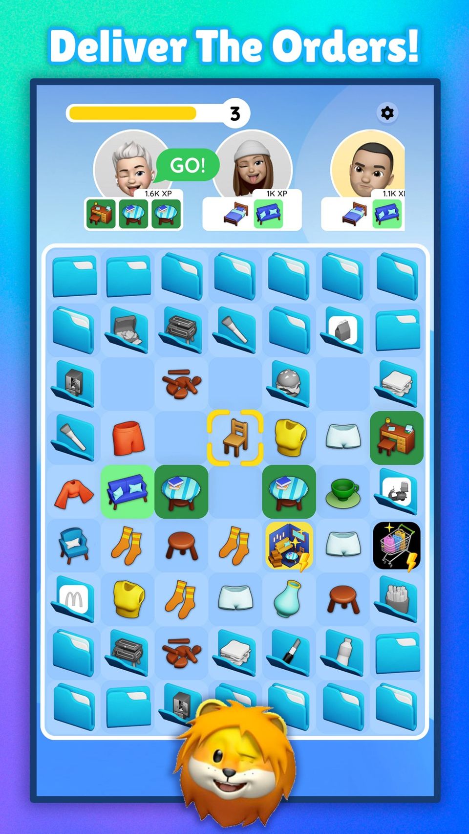 A promotional image for <i>App Merge</i>, showing a  board full of items and apps inside a phone screen with some overlayed text