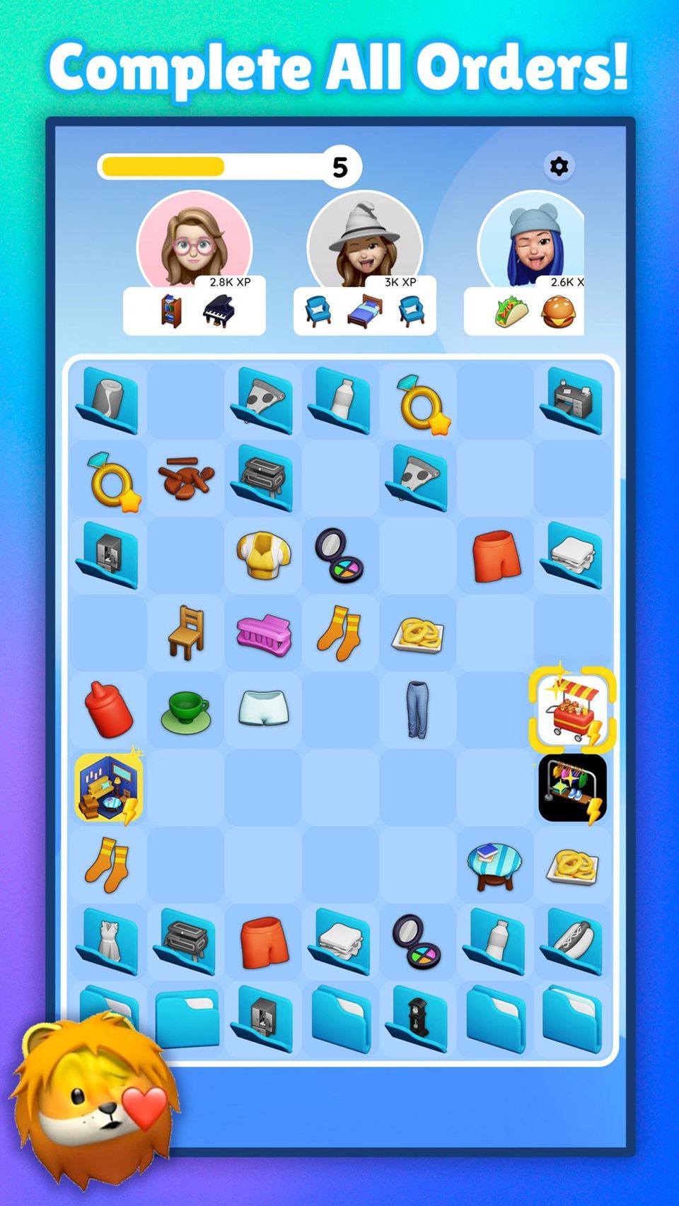 A promotional image for <i>App Merge</i>, showing a  board full of items and apps inside a phone screen with some overlayed text
