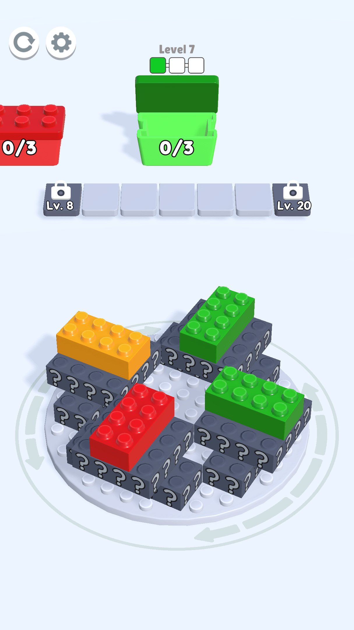 A screenshot of Brick Jam 3D, showing a level with a bunch of colorful bricks.