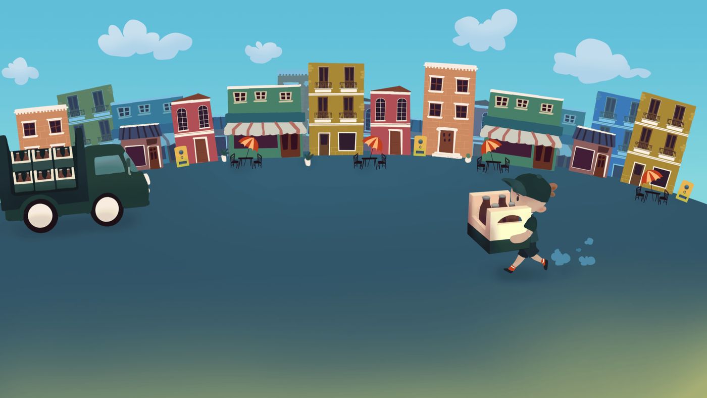 Key art for Delivery On Time, where the logo of the game is in the middle and the main character is carrying beer boxes.