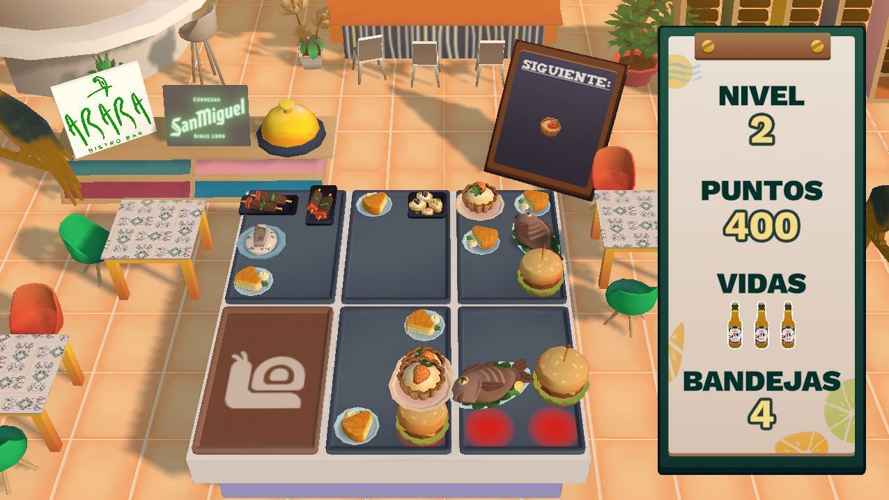 Screenshot of <i>Excelente Servicio</i>, showing a bunch of tables full of dishes
