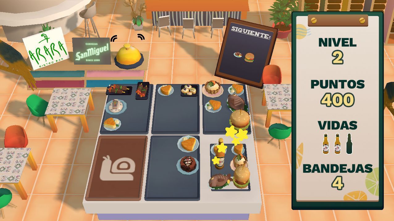 Screenshot of <i>Excelente Servicio</i>, showing a bunch of tables full of dishes