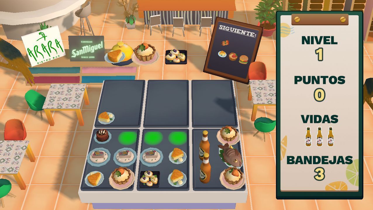 Screenshot of <i>Excelente Servicio</i>, showing a bunch of tables full of dishes