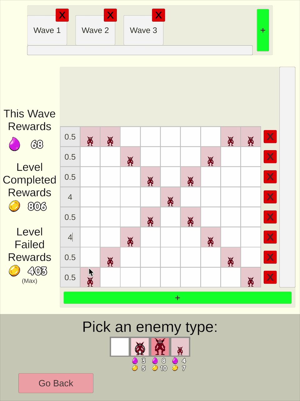 Screenshot of the level editor of Fortress Heroes, showing the enemy wave menu.