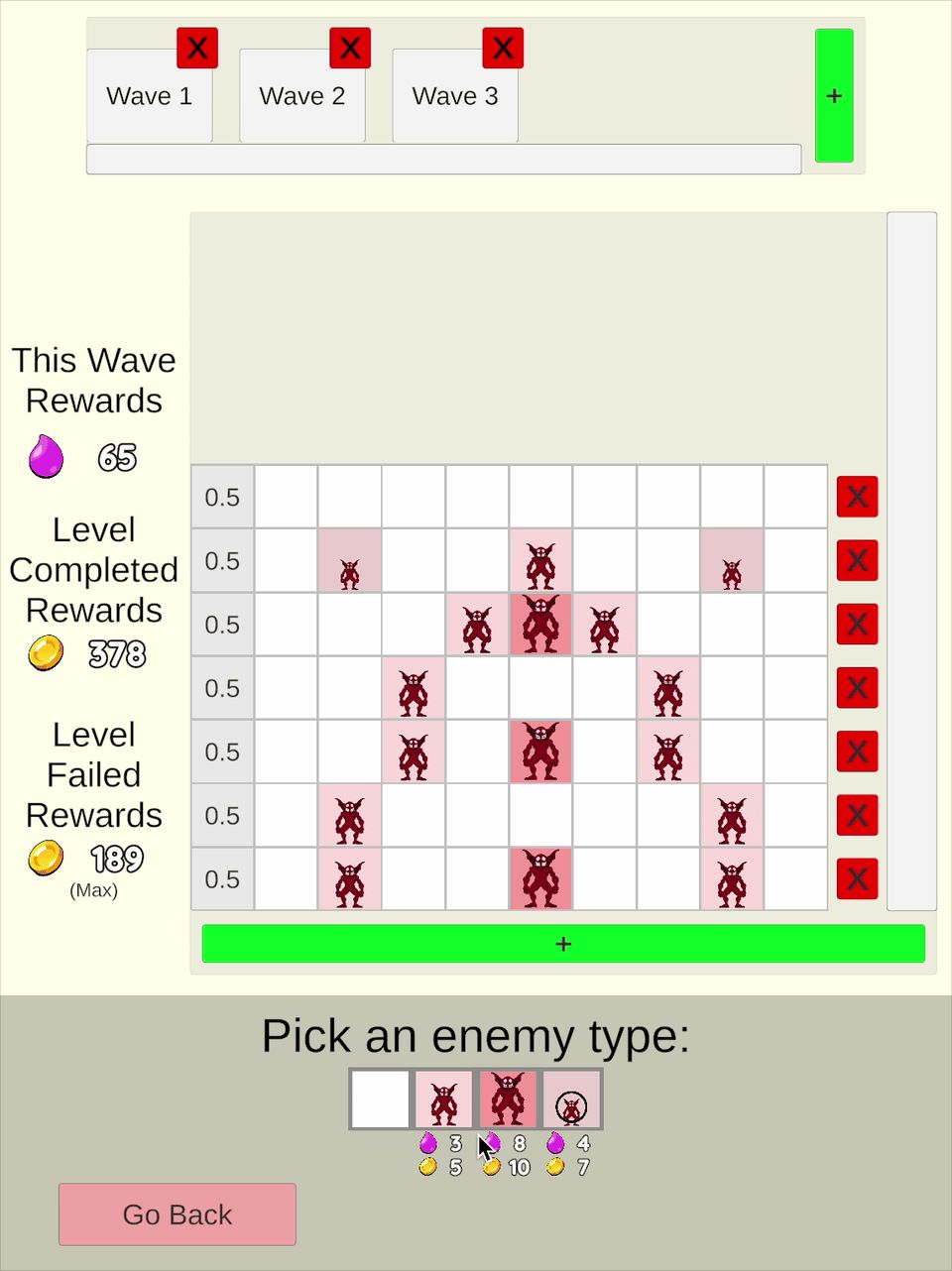 Screenshot of the level editor of Fortress Heroes, showing the enemy wave menu.