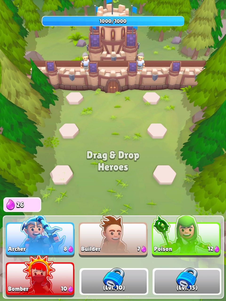 Gameplay screenshot of Fortress Heroes, showing a green scenery with a fortress at the back, and an overlay text inviting the player to place heroes on the board.