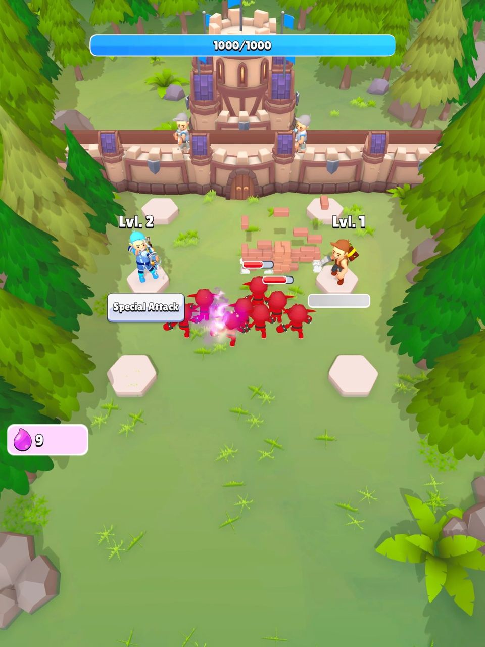 Gameplay screenshot of Fortress Heroes, showing a green scenery with a fortress at the back and some heroes attacking some goblins headed to the fortress.