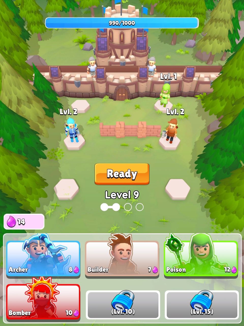Gameplay screenshot of Fortress Heroes, showing a green scenery with a fortress at the back and some heroes waiting for the game to start.