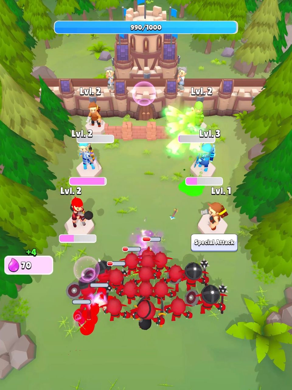Gameplay screenshot of Fortress Heroes, showing a green scenery with a fortress at the back and some heroes attacking some goblins headed to the fortress.