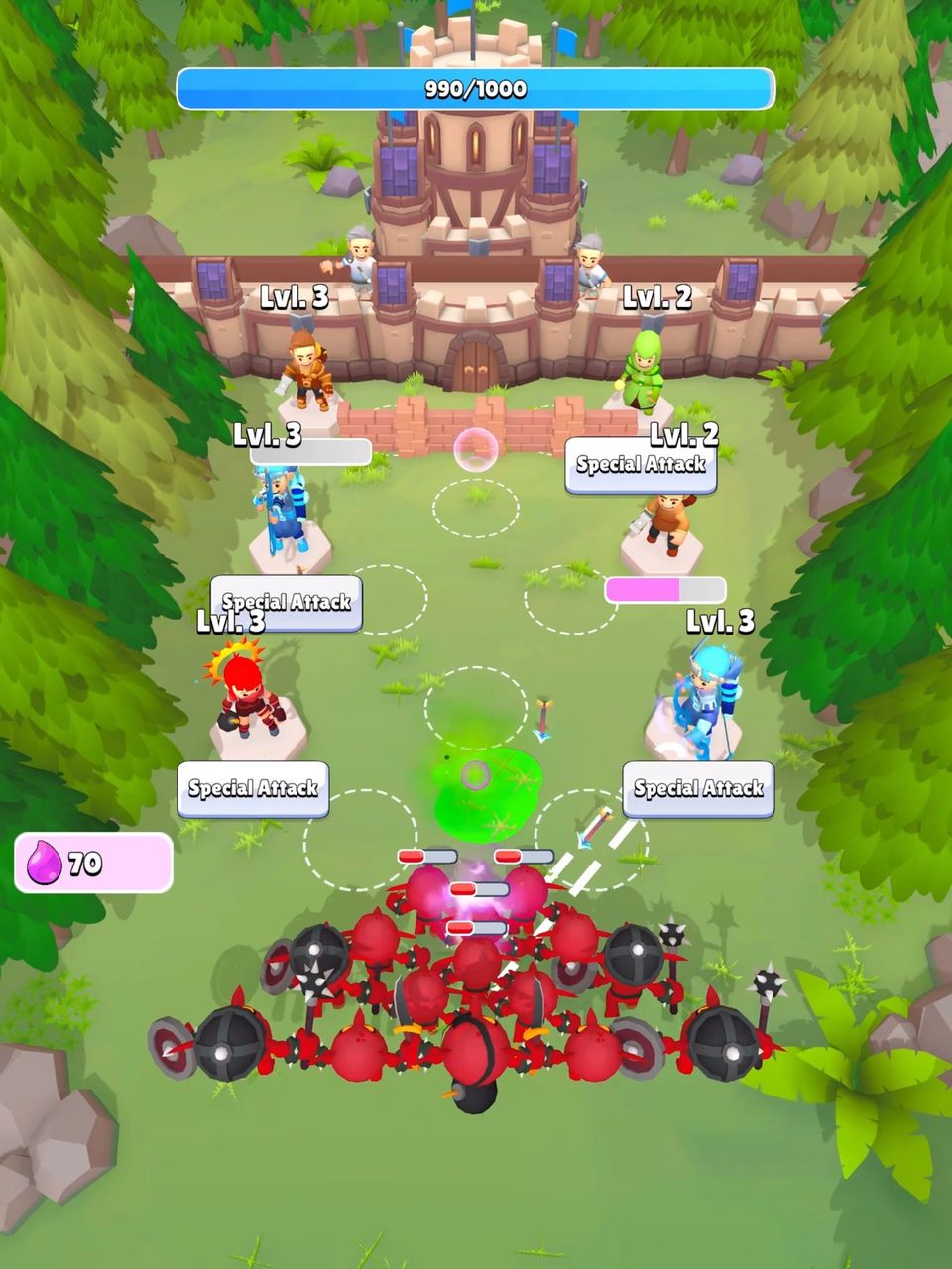 Gameplay screenshot of Fortress Heroes, showing a green scenery with a fortress at the back and some heroes attacking some goblins headed to the fortress.