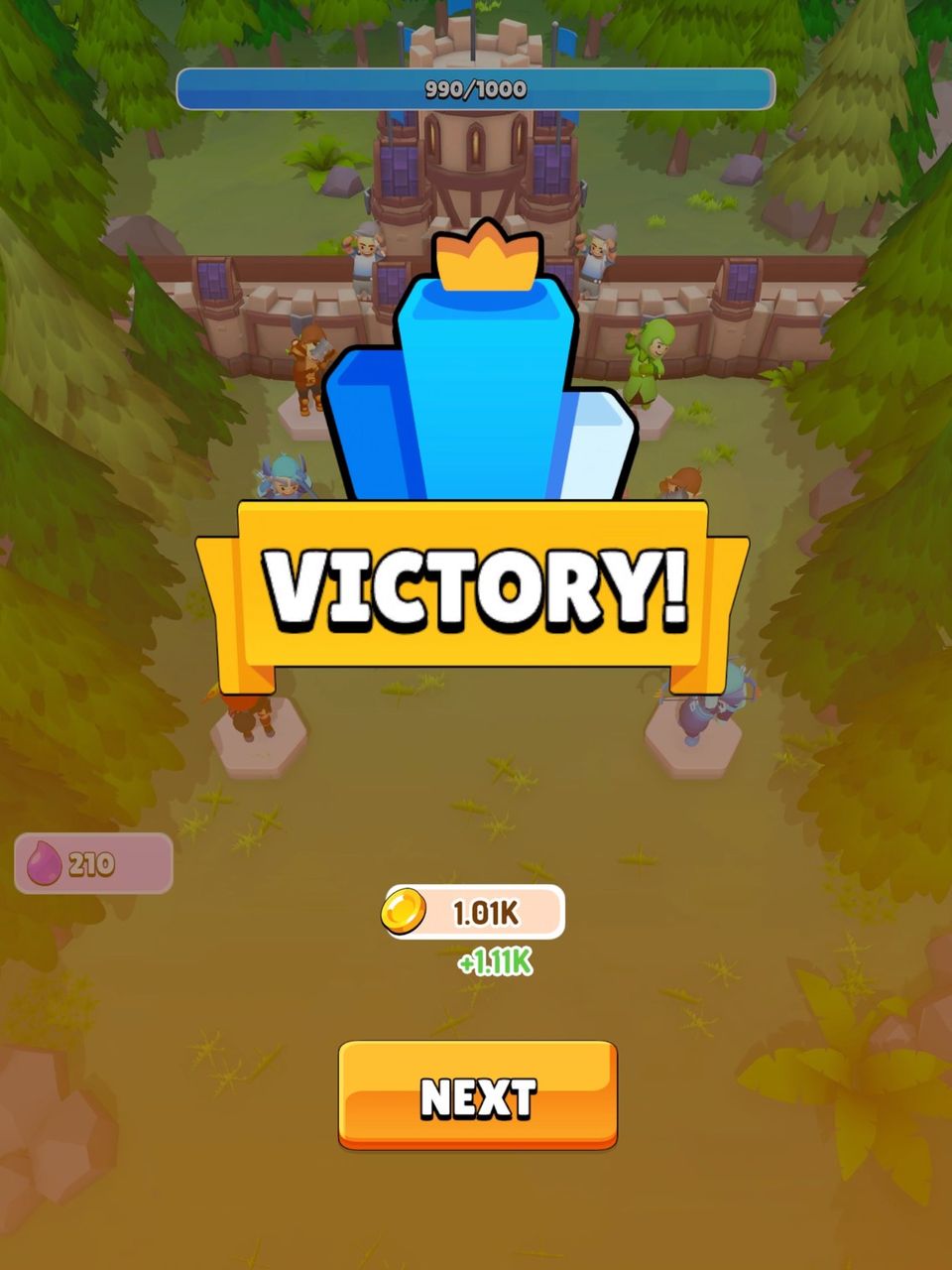 Gameplay screenshot of Fortress Heroes, showing the victory screen after defeating all the goblins of the level.