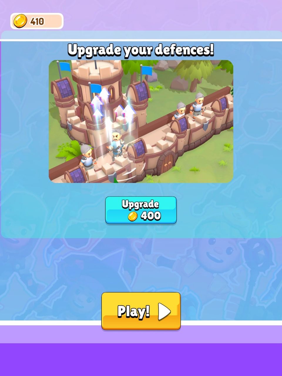 Gameplay screenshot of Fortress Heroes, showing a menu where players can upgrade their fortress' defenses.