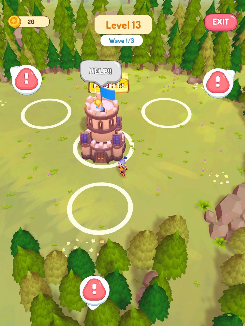 Gameplay screenshot of Goblin Wars, showing a green scenery with a castle in the middle behind the player character.