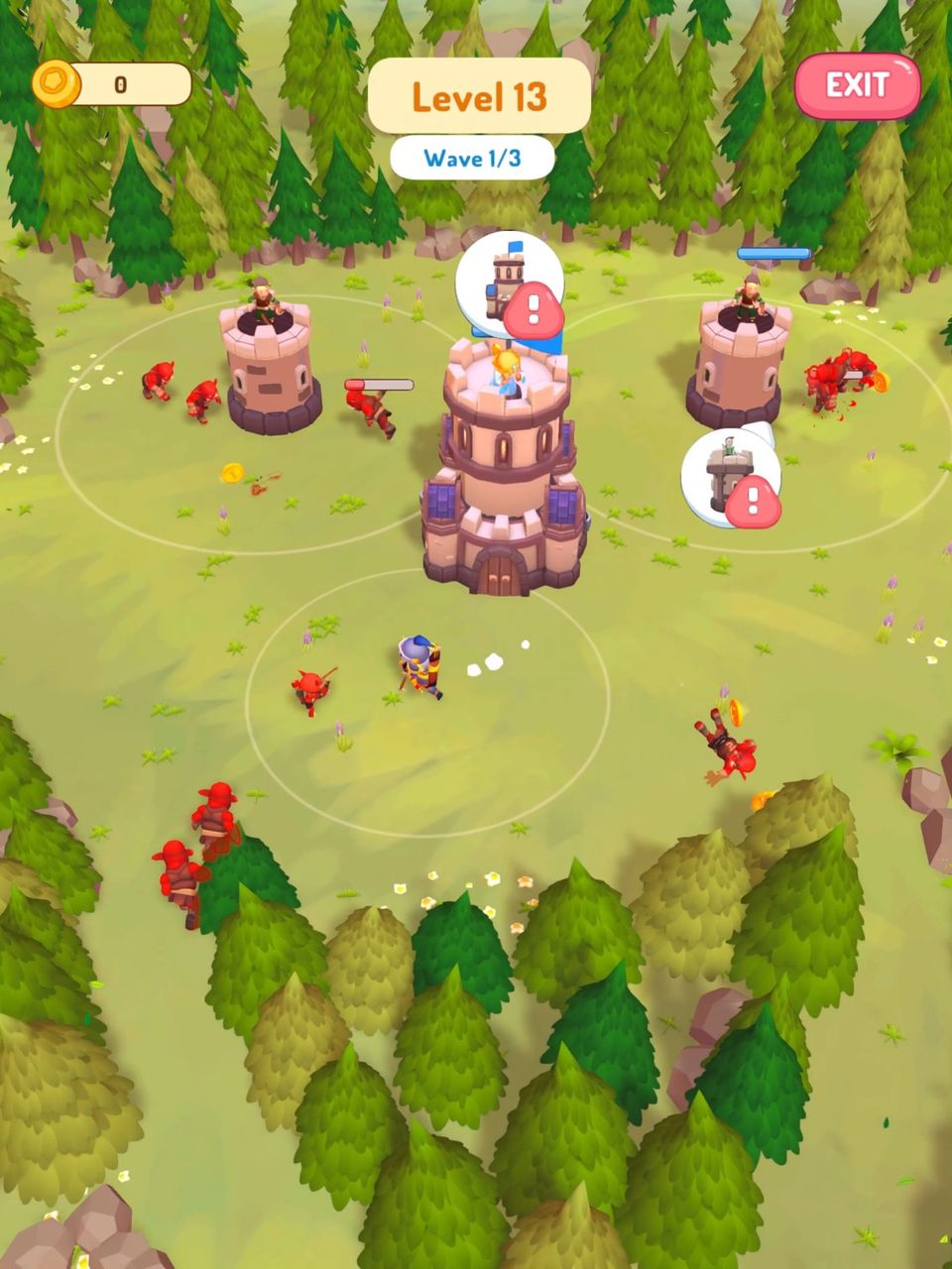 Gameplay screenshot of Goblin Wars, showing a green scenery with a castle being defended by the player character against goblins.