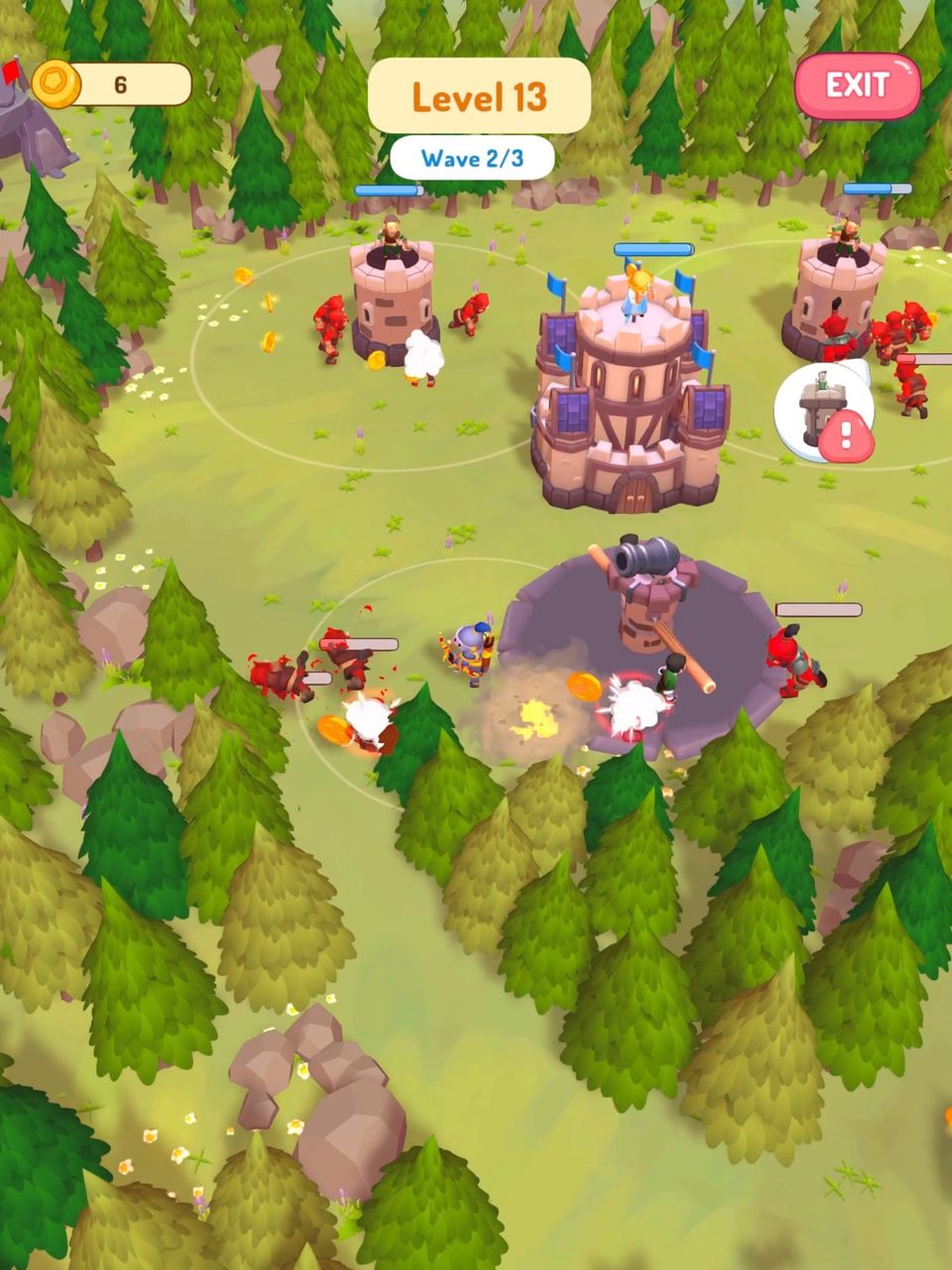 Gameplay screenshot of Goblin Wars, showing a green scenery with a castle being defended by the player character against goblins.