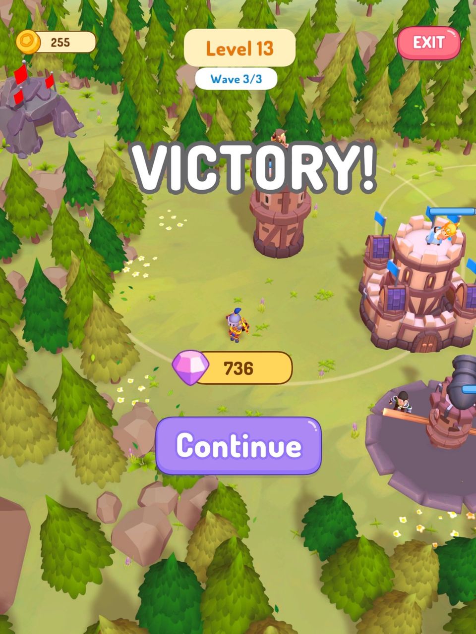 Screenshot of Goblin Wars, showing a the victory screen over the gameplay area.