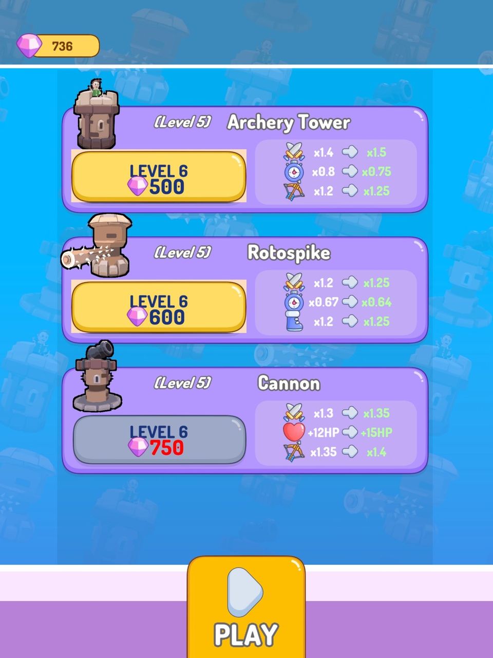 Screenshot of the upgrades menu in Goblin Wars, displaying the stats of the different buildings.