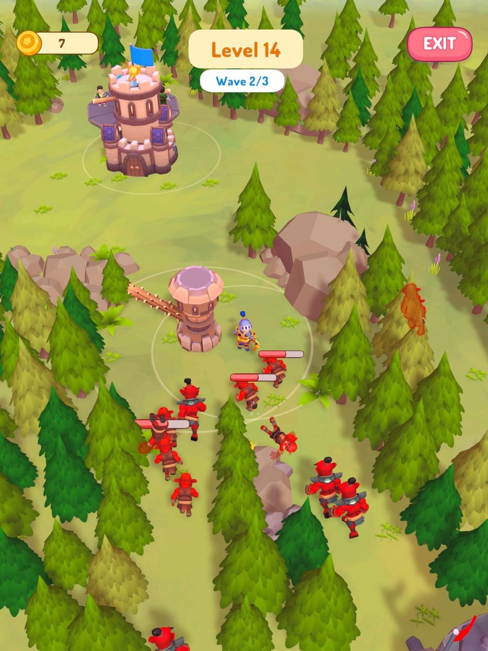 Gameplay screenshot of Goblin Wars, showing a green scenery with a castle being defended by the player character against goblins.