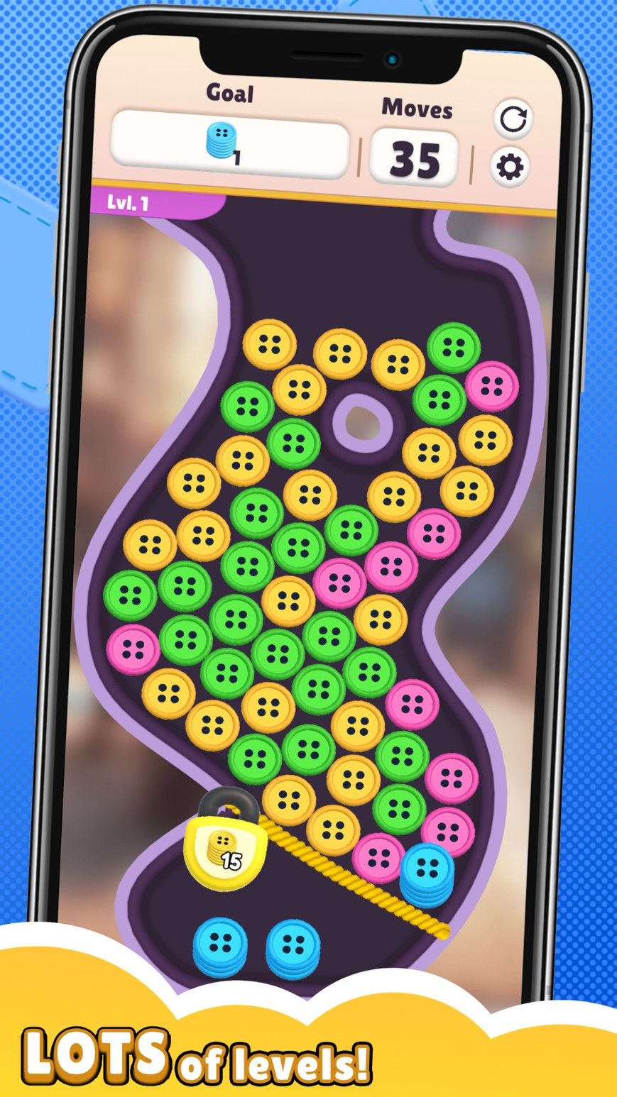 A screenshot of <i>Knit Together</i>, showing a level with a bunch of colorful buttons.