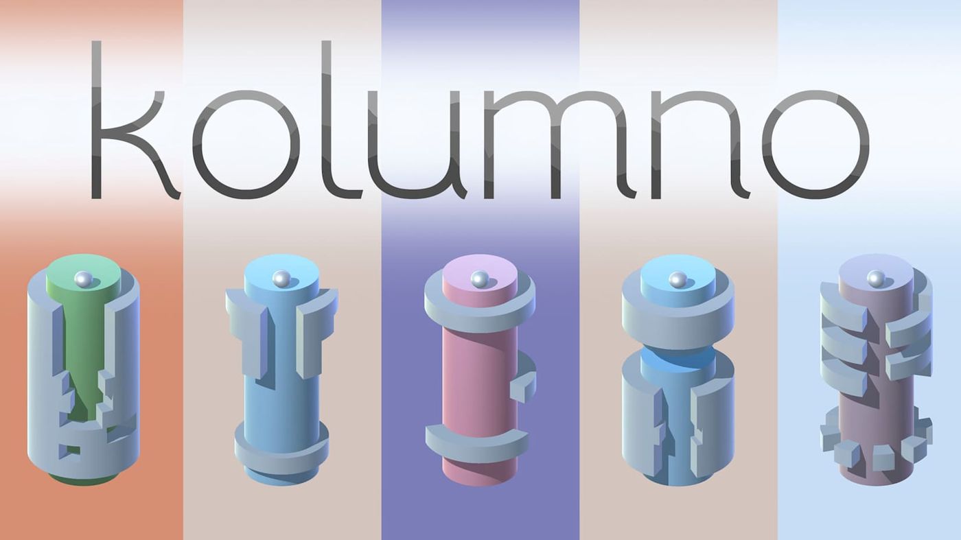 Promotional artwork for Kolumno, showing the game title in front of different levels of the game.