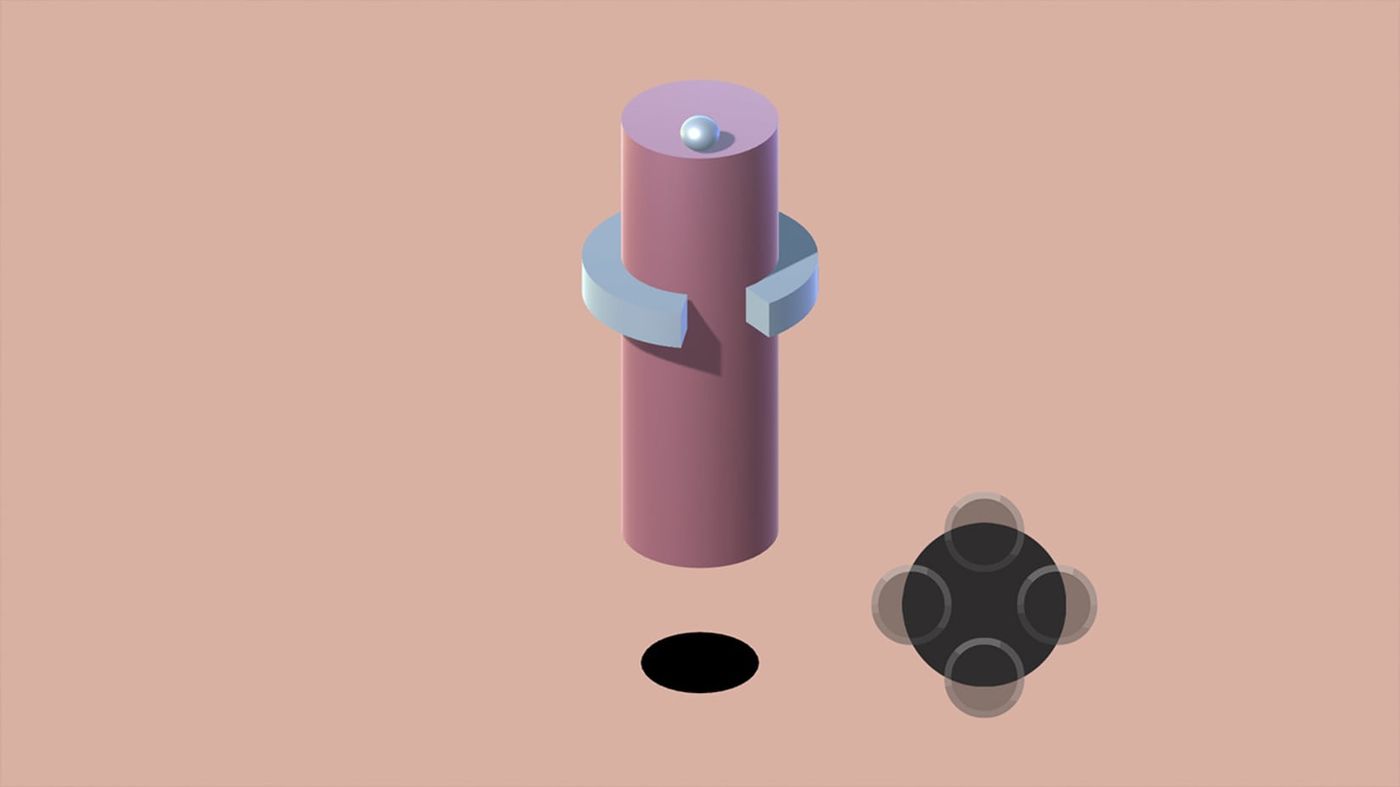 A Gameplay Screenshot showing a ball on top of a column filled with obstacles, against a colorful background.