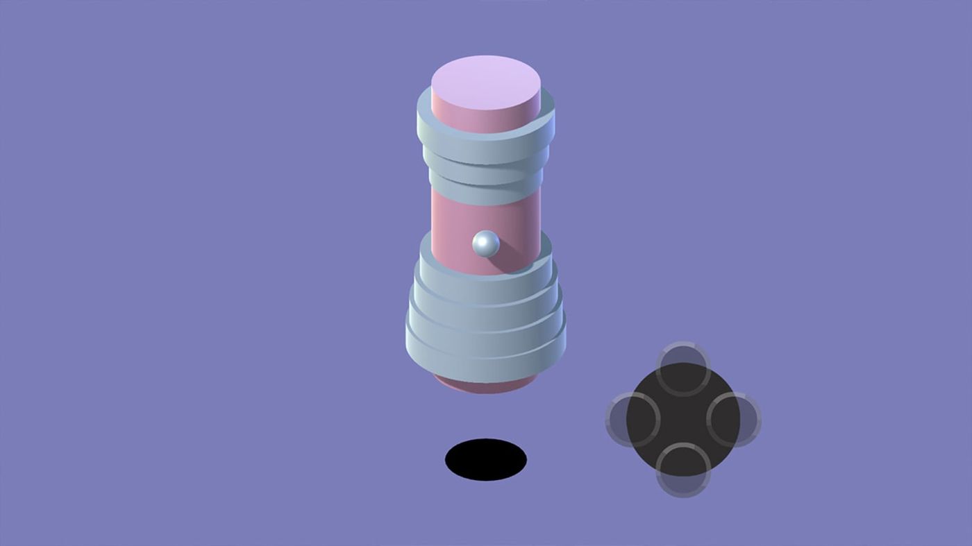 A Gameplay Screenshot showing a ball on top of a column filled with obstacles, against a colorful background.