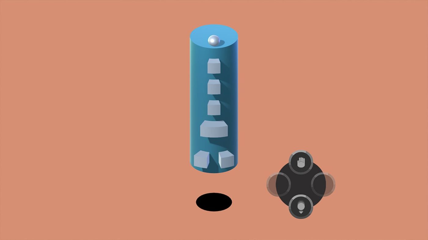 A Gameplay Screenshot showing a ball on top of a column filled with obstacles, against a colorful background.