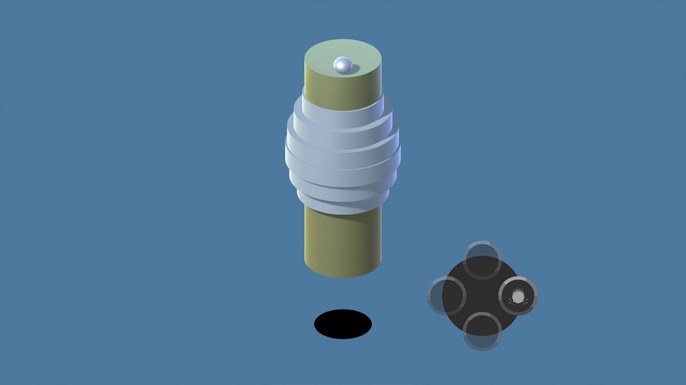 A Gameplay Screenshot showing a ball on top of a column filled with obstacles, against a colorful background.