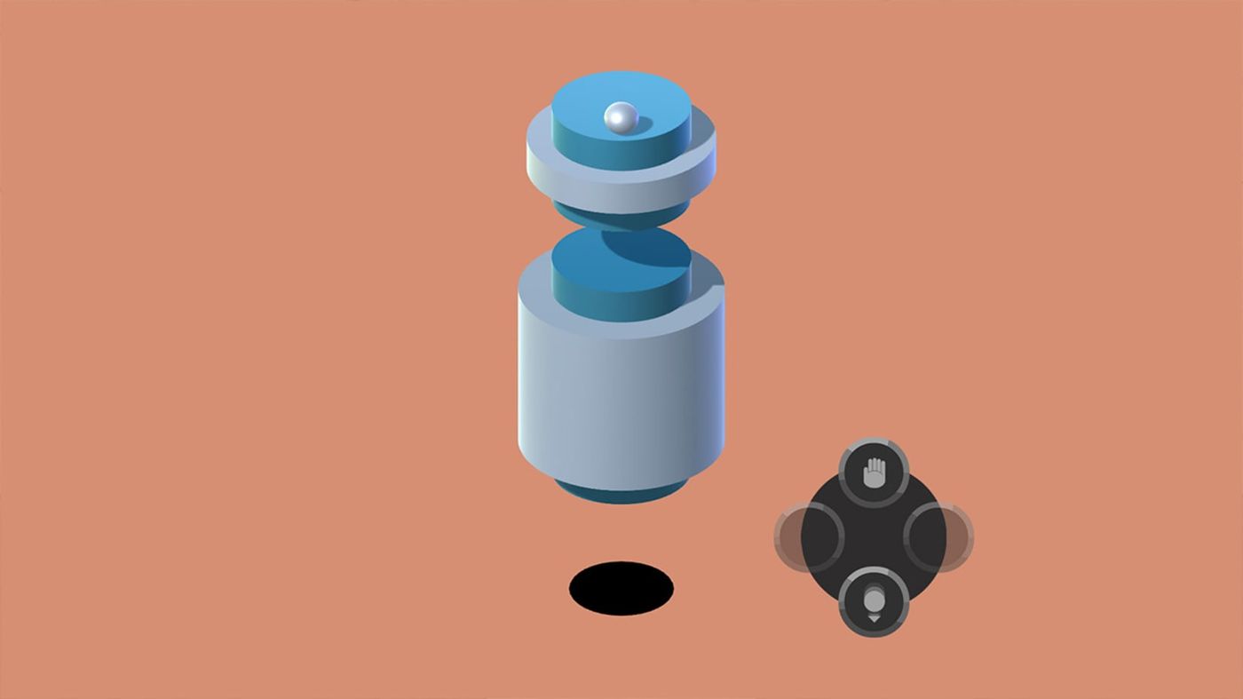 A Gameplay Screenshot showing a ball on top of a column filled with obstacles, against a colorful background.