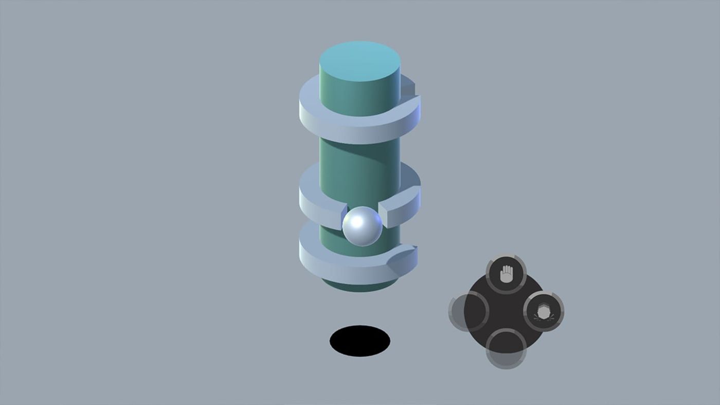 A Gameplay Screenshot showing a ball on top of a column filled with obstacles, against a colorful background.