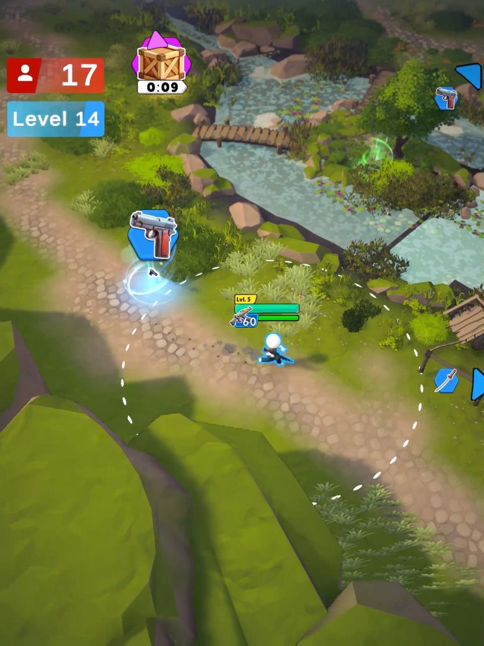 Gameplay screenshot of Let's Survive, showing the player character running past a weapon near a river.