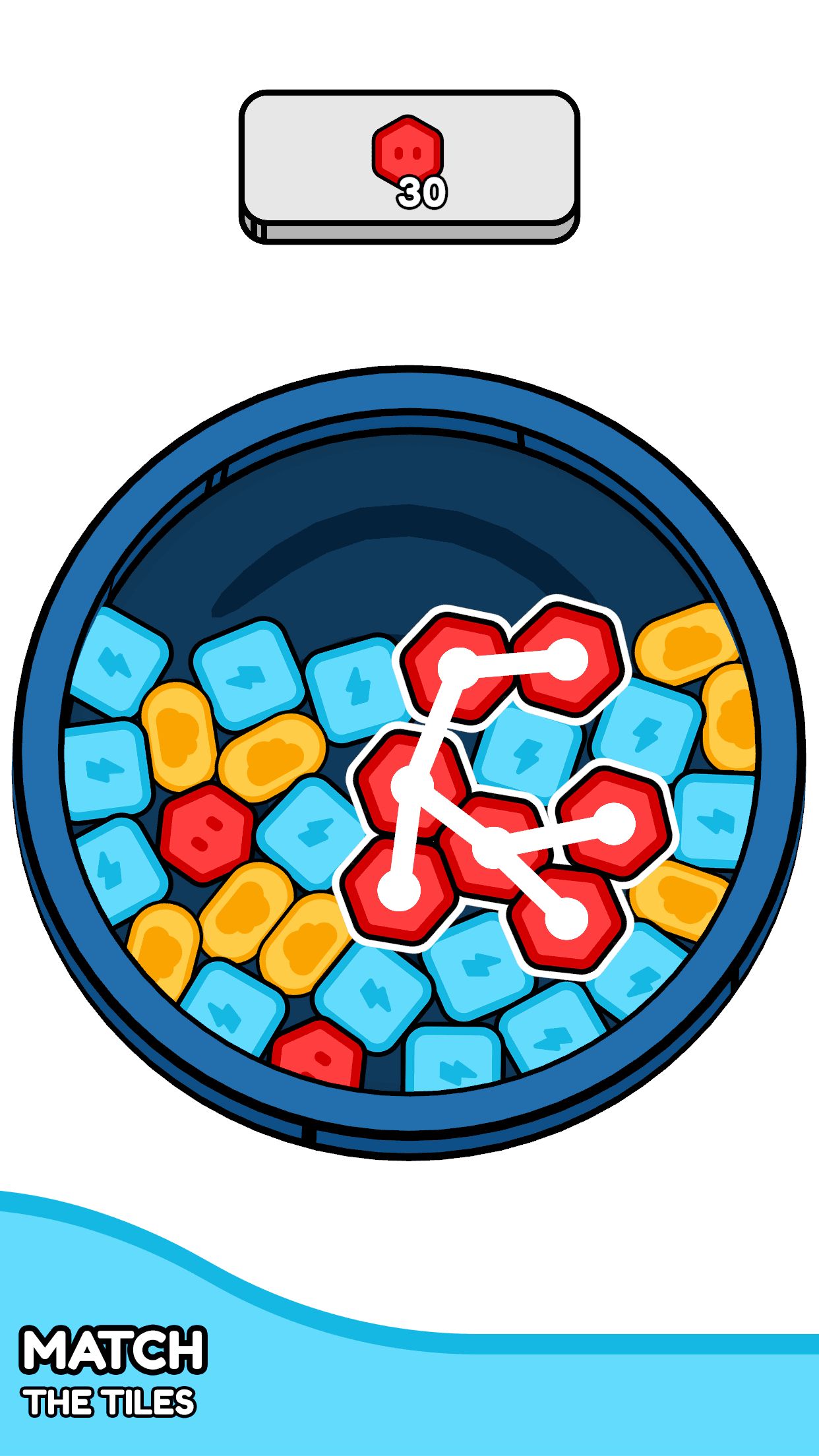 A promotional screenshot for <i>Spin & Blast</i>, showing a board full of shapes and other game elements. There is some overlayed text describing the game