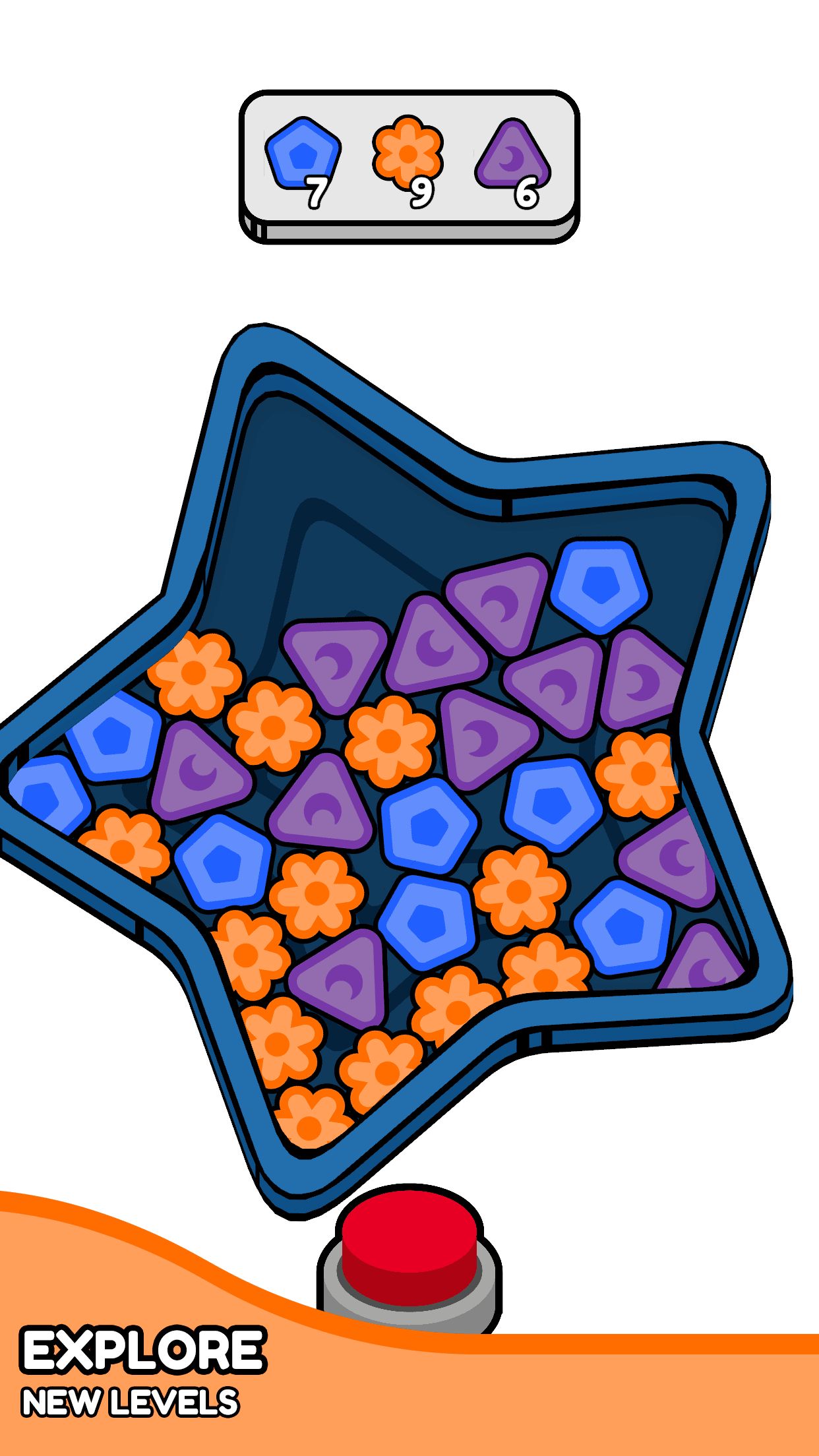 A promotional screenshot for <i>Spin & Blast</i>, showing a board full of shapes and other game elements. There is some overlayed text describing the game