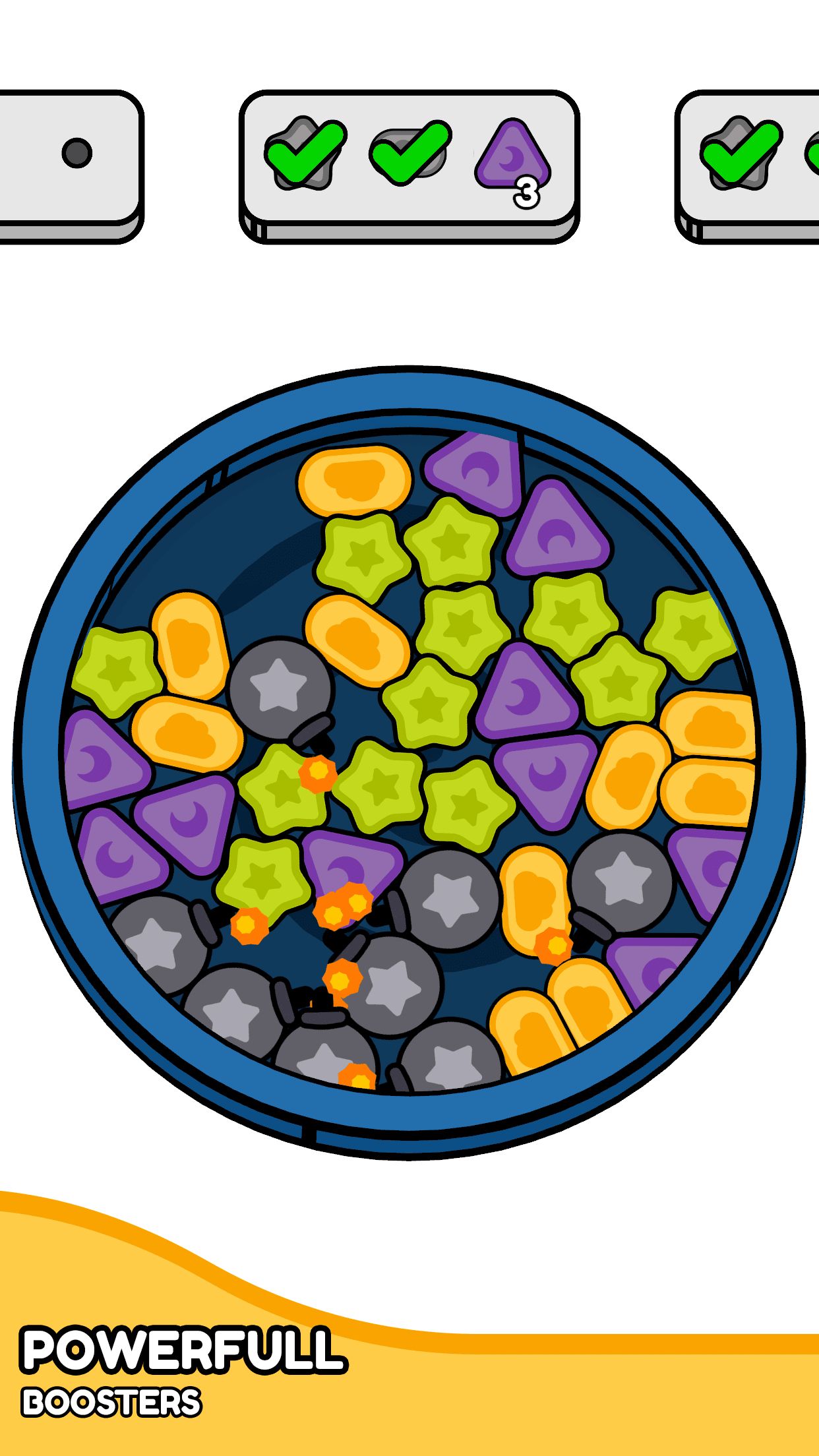 A promotional screenshot for <i>Spin & Blast</i>, showing a board full of shapes and other game elements. There is some overlayed text describing the game
