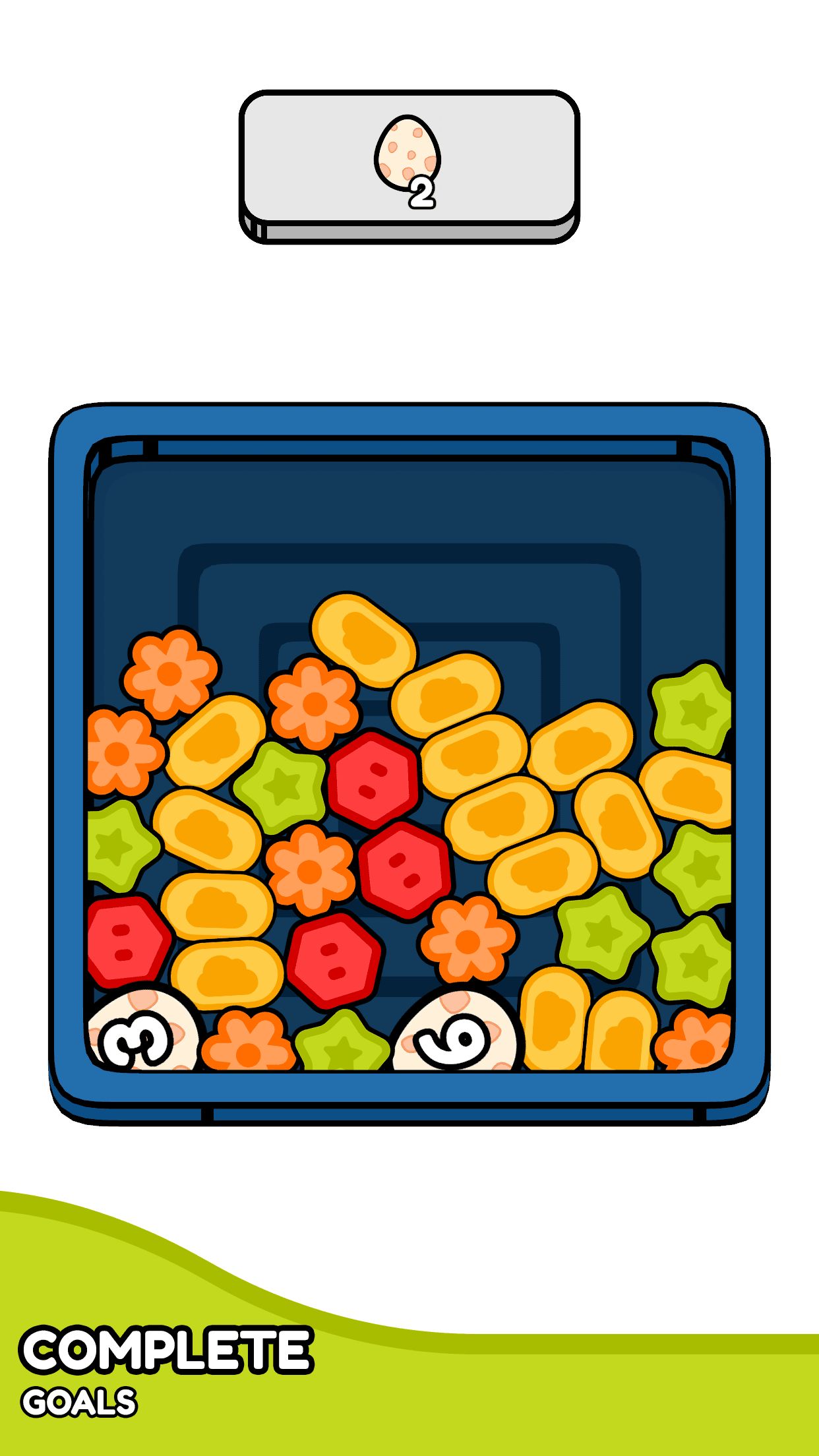 A promotional screenshot for <i>Spin & Blast</i>, showing a board full of shapes and other game elements. There is some overlayed text describing the game