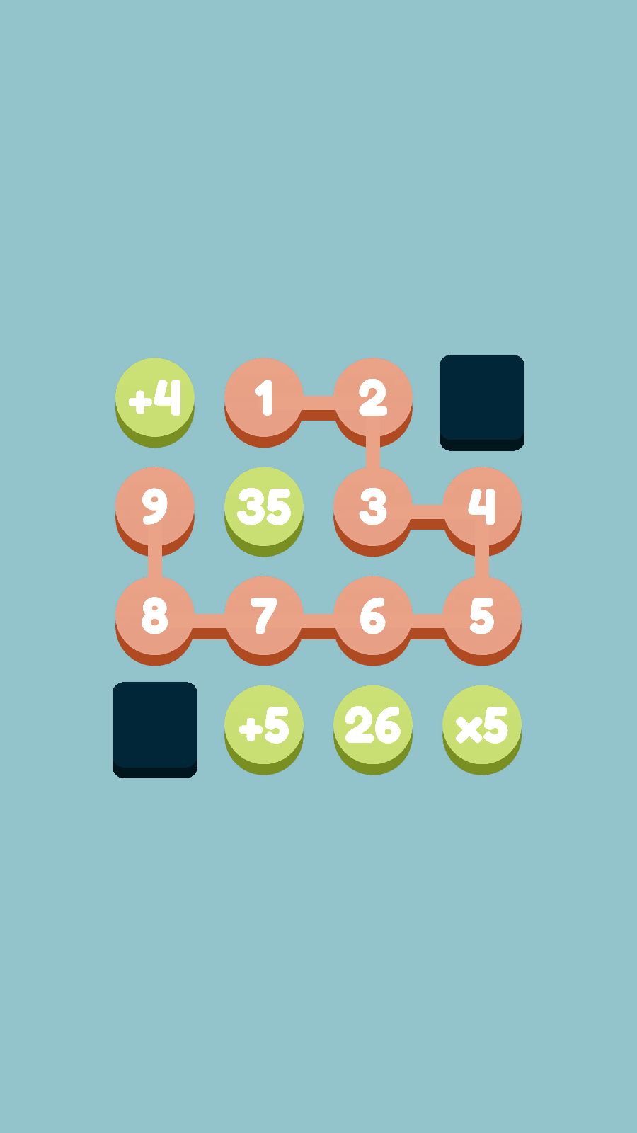 Gameplay screenshot of <i>Sudoku Paths</i>, showing a orange number path over a teal background.