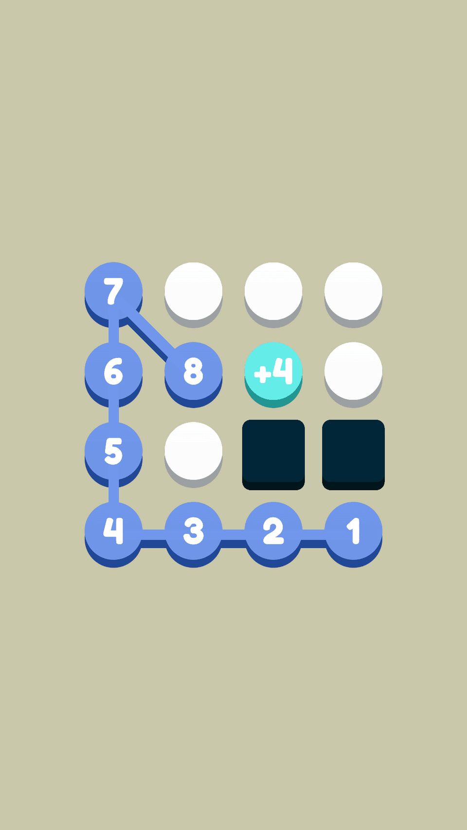 Gameplay screenshot of <i>Sudoku Paths</i>, showing an indigo number path over an olive background.