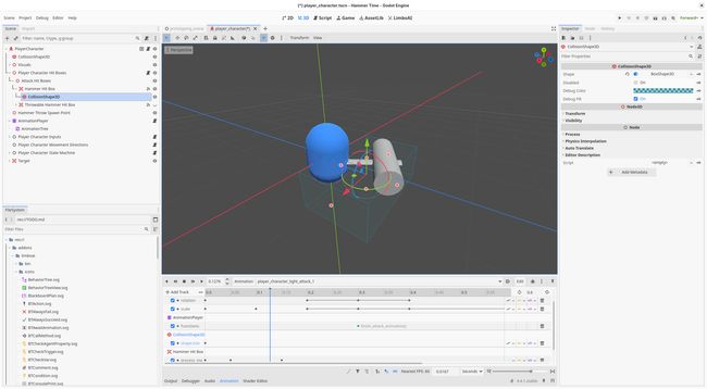 A screenshot of an updated attack animation, after adding hitboxes to it. A screenshot of the Godot editor, where the animation player node of the player character shows an updated attack animation where a hitbox is now included.
