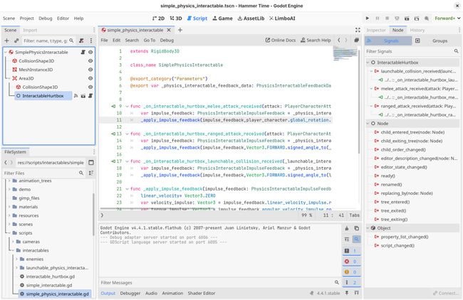 An example implementation of an interactable, connected to the signals from its hurtbox. A screenshot of the Godot editor where the script editor shows code for an interactable implementation that reacts to player attacks using physics.