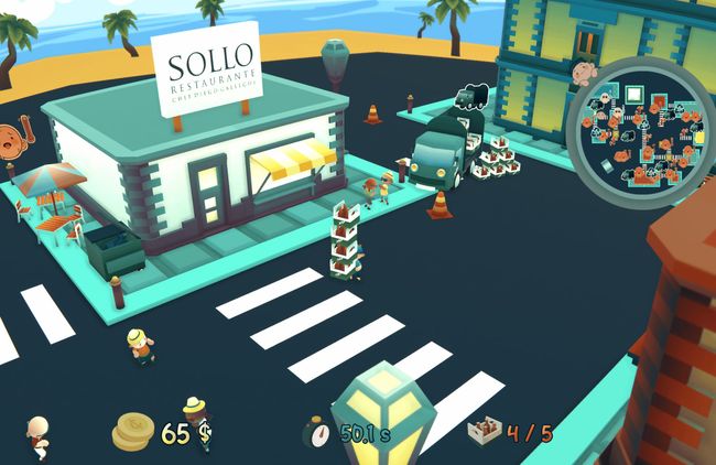 Gameplay Screenshot of <i>Delivery On Time</i> 'Screenshot of Delivery On Time, showing the main character carrying empty beer boxes'
