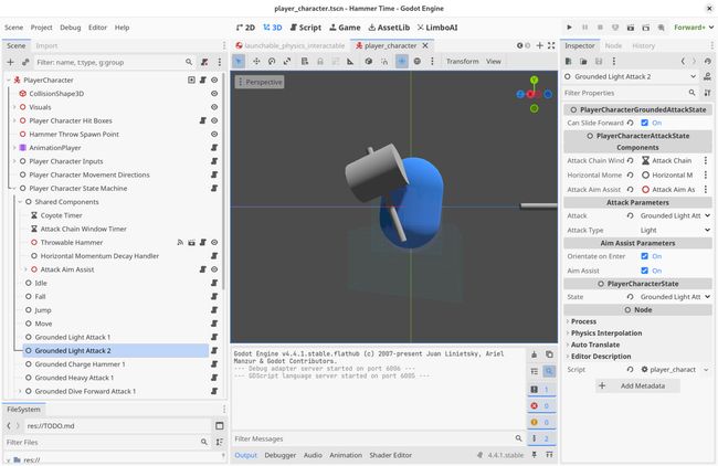 A screenshot of the <i>Godot</i> editor, showing the <i>Finite State Machine</i> setup of the player character. A screenshot of the Godot editor, showing the Finite State Machine setup of the player character.