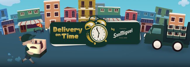 Promotional banner for <i>Delivery On Time</i>. 'Promotional banner for Delivery On Time, where the logo of the game is in the middle and the main character is carrying beer boxes.'